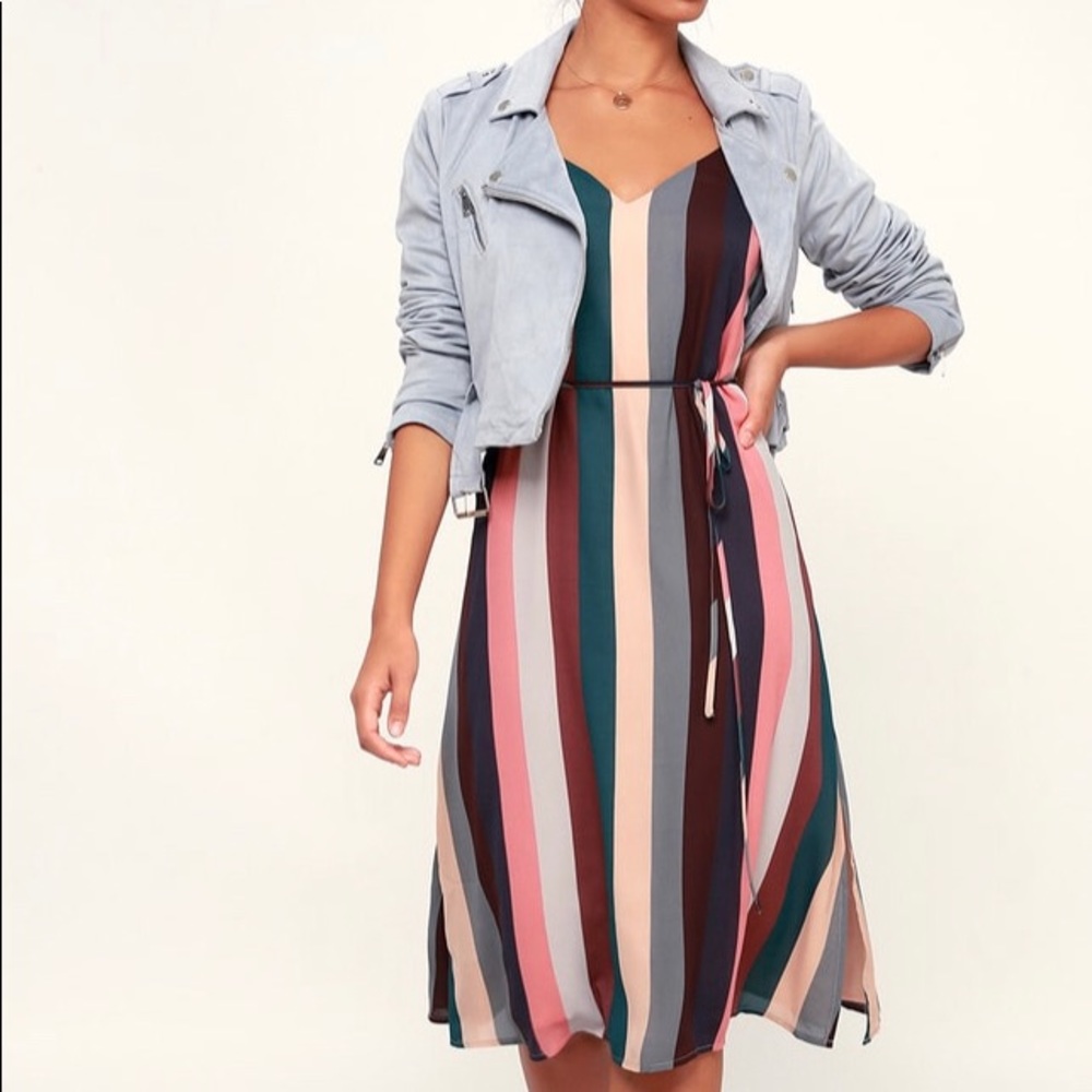Erina Mauve Multi Stripe Belted Midi Slip Dress